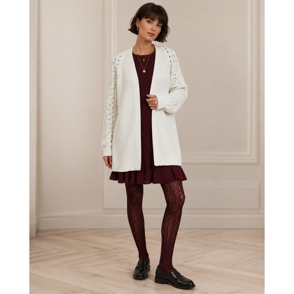Knox Rose Women's XL Cream‎ Pointelle Raglan Sleeve Open Front Knit Cardigan